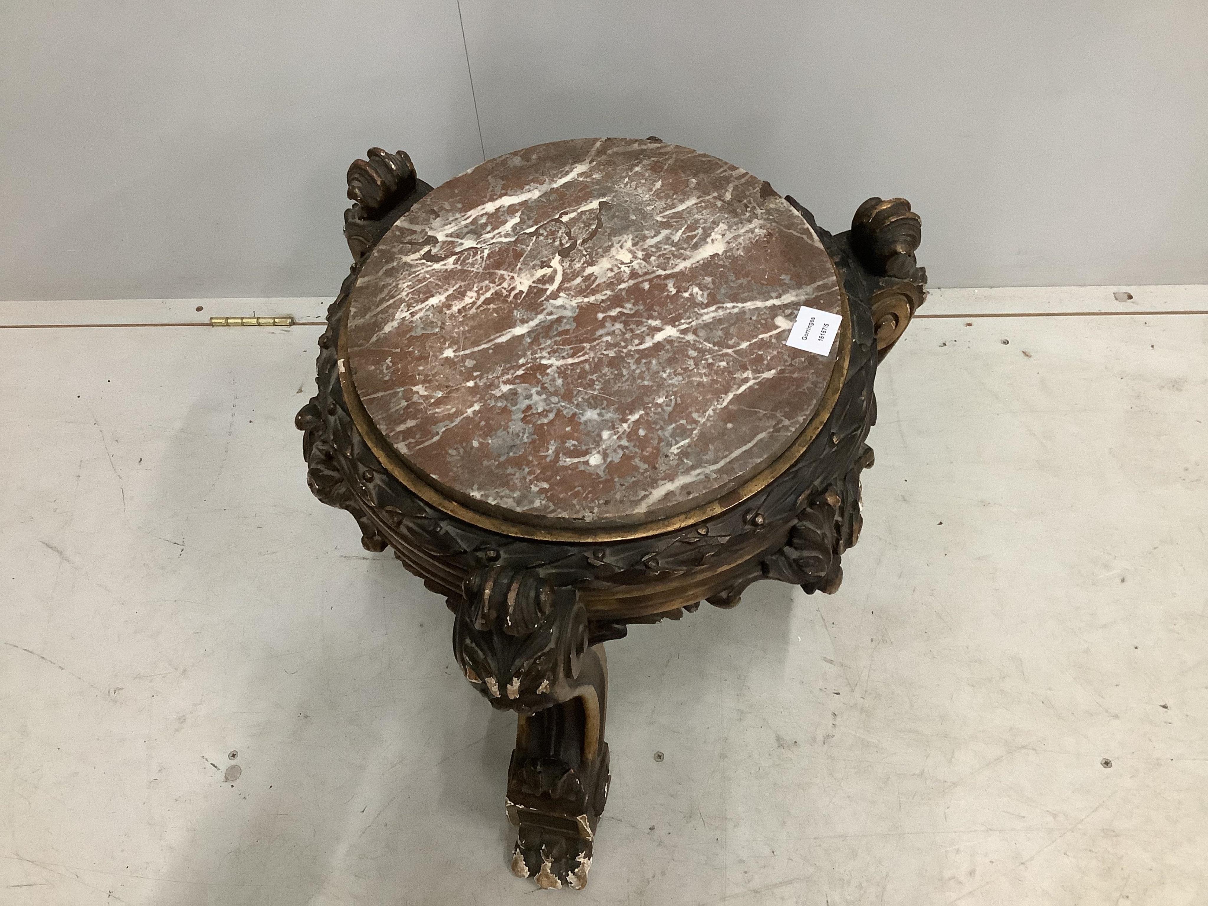 A 19th century carved parcel gilt and composition circular marble top low pedestal, diameter 54cm, height 47cm. Condition - fair to good